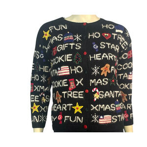 Vtg 90s Marisa Christina Sz S-M Knit Cardigan Christmas Words Black Ugly Sweater